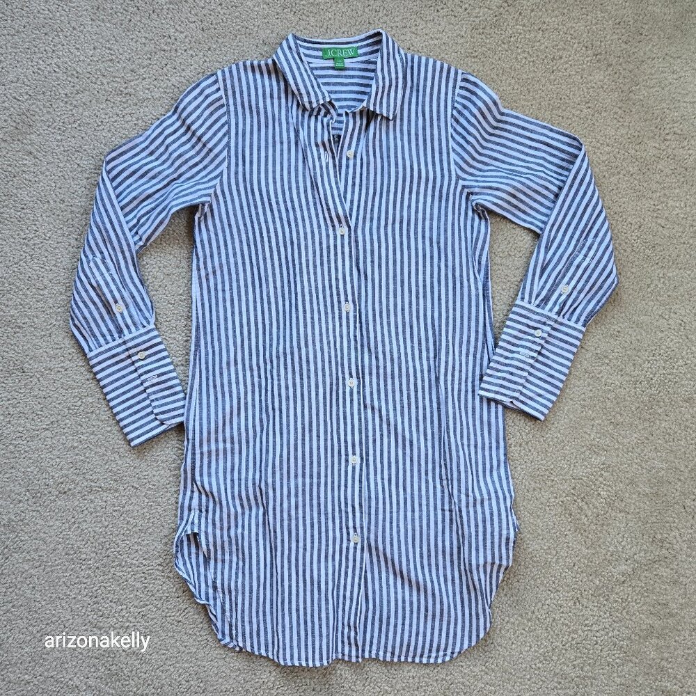NWOT J. Crew Linen Cotton Button Down Tunic Coverup Shirt Blue White Stripe XXS